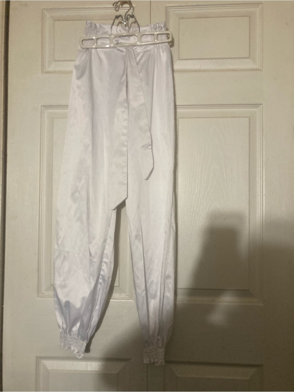 White Satin Elastic Waist Tie Cuffed Pants S